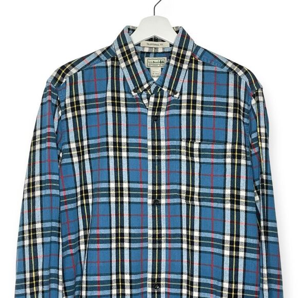 L.L. Bean Flannel Shirt Blue Traditional Fitted Plaid Button Down Men’s Size Med - Picture 3 of 8